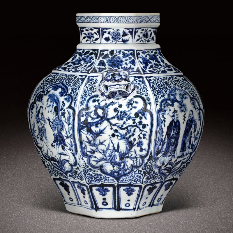 元 青花開光「西王母蟠桃會」故事圖八方大罐  YUAN DYNASTY (1279-1368) - 图3