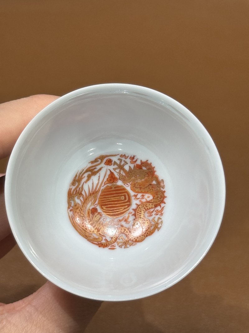 清康熙 矾红描金龙凤捧寿纹高足杯 - 图13