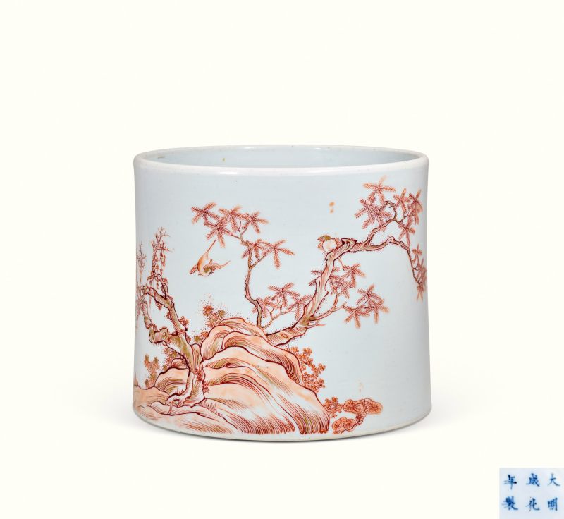 清康熙 矾红描金月月见喜图笔筒 - 图1