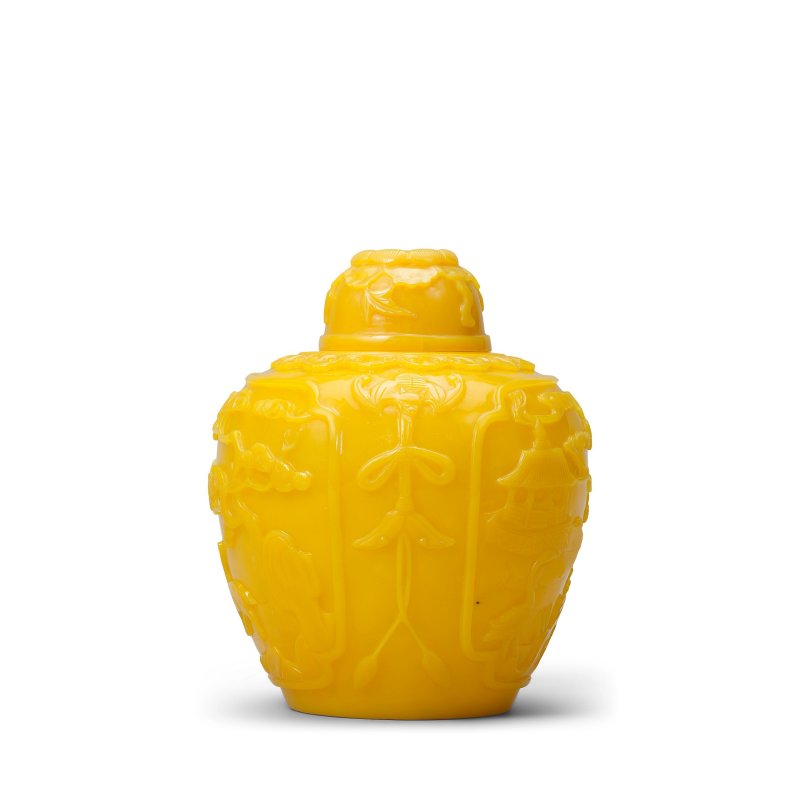 清十八世紀　黃料鶴鹿同春蓋罐 | A CARVED YELLOW GLASS 'CRANE AND DEER' JAR AND COVER - 图8