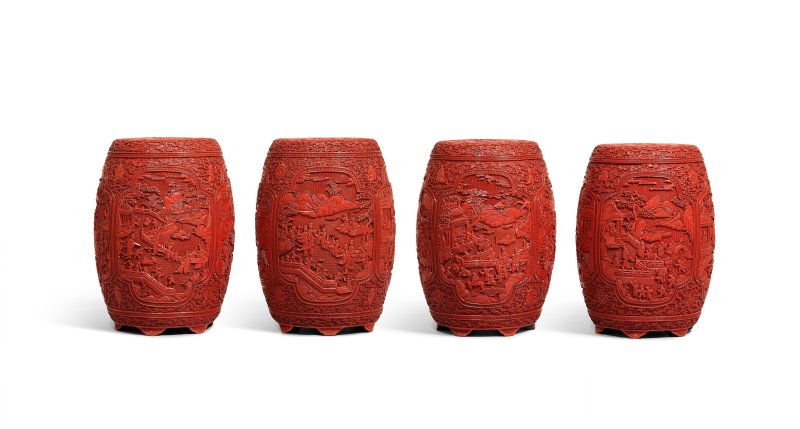十八世紀　剔紅雲龍紋開光嬰戲圖坐墩一堂四具 | AN EXCEPTIONALLY RARE SET OF FOUR IMPERIAL CARVED CINNABAR LACQUER 'CHILDREN AT PLAY' GARDEN SEATS - 图11