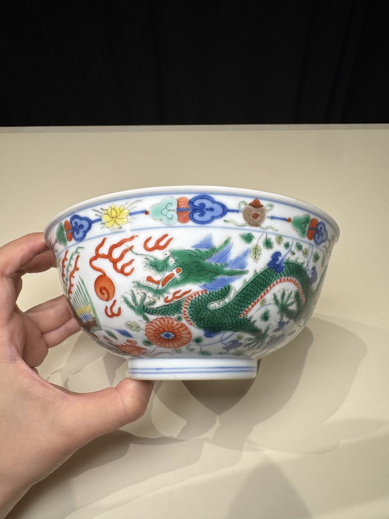清道光 青花五彩龙凤纹碗一对 - 图12