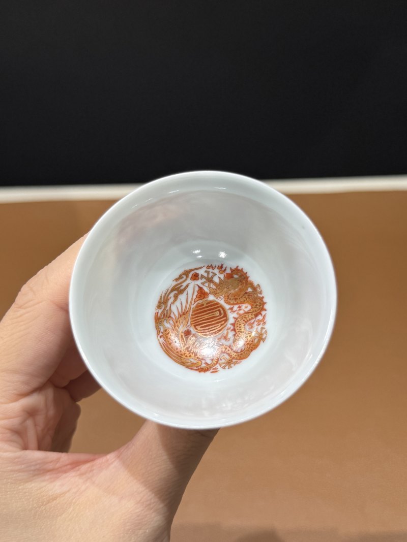 清康熙 矾红描金龙凤捧寿纹高足杯 - 图14