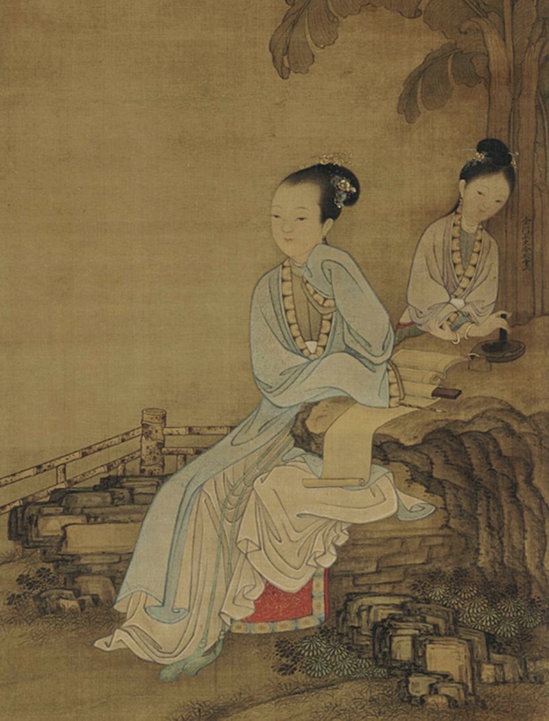 清康熙 五彩庭院仕女四艺十美图棒槌瓶 - 图4
