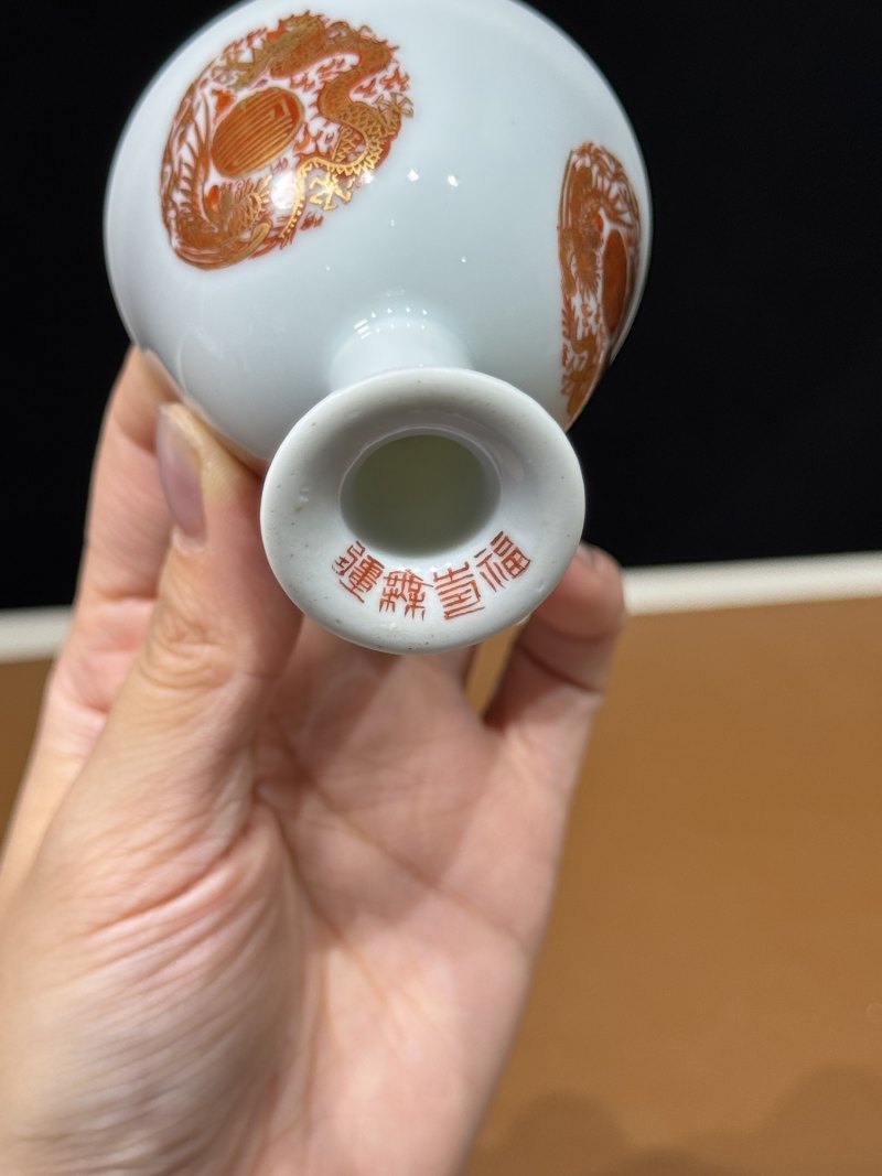 清康熙 矾红描金龙凤捧寿纹高足杯 - 图15