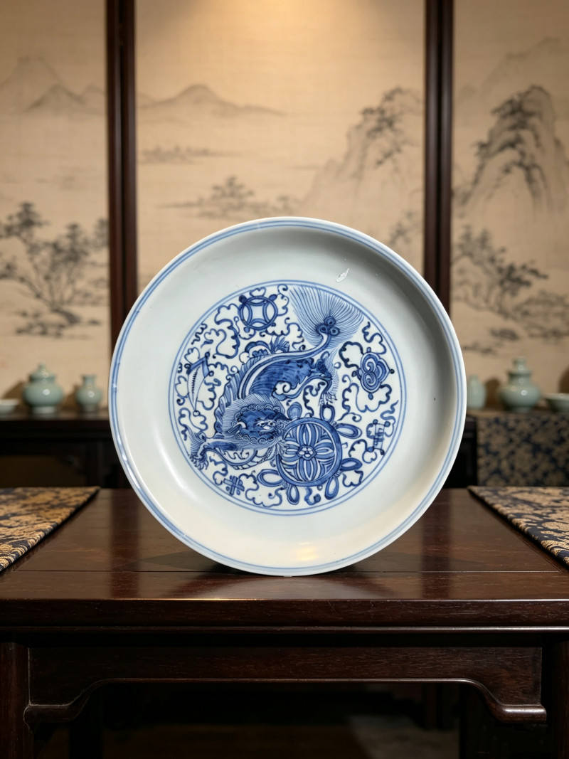 明万历 青花狮子滚绣球纹盘 - 图1