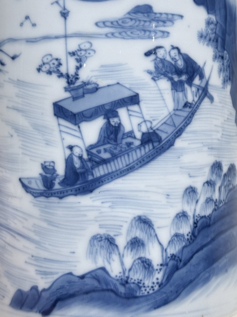 清康熙 青花泛舟图诗文笔筒 - 图6