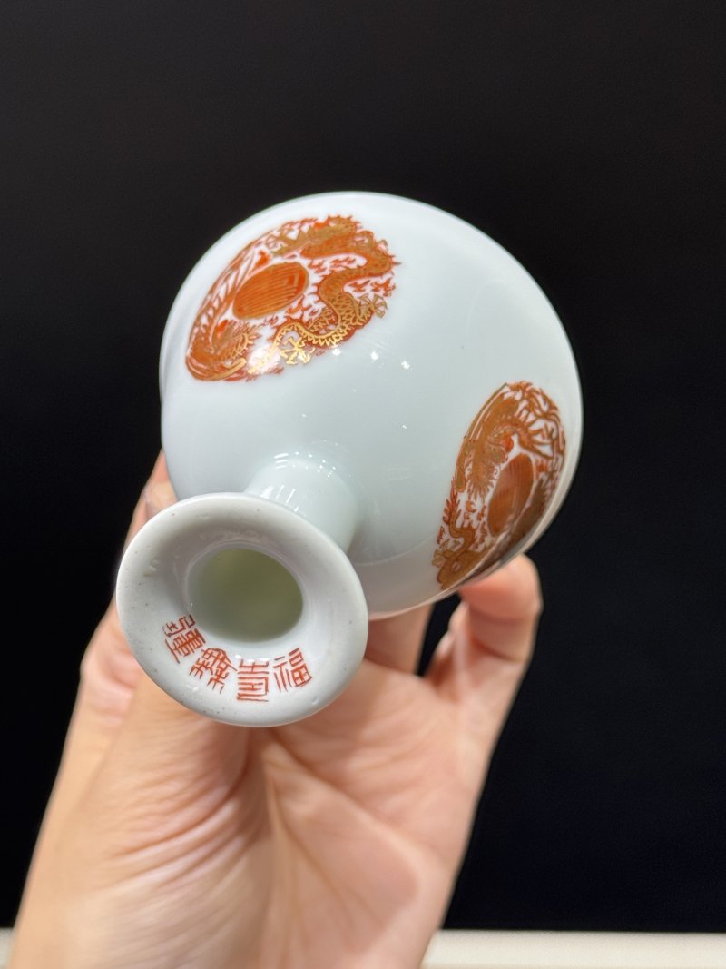 清康熙 矾红描金龙凤捧寿纹高足杯 - 图16