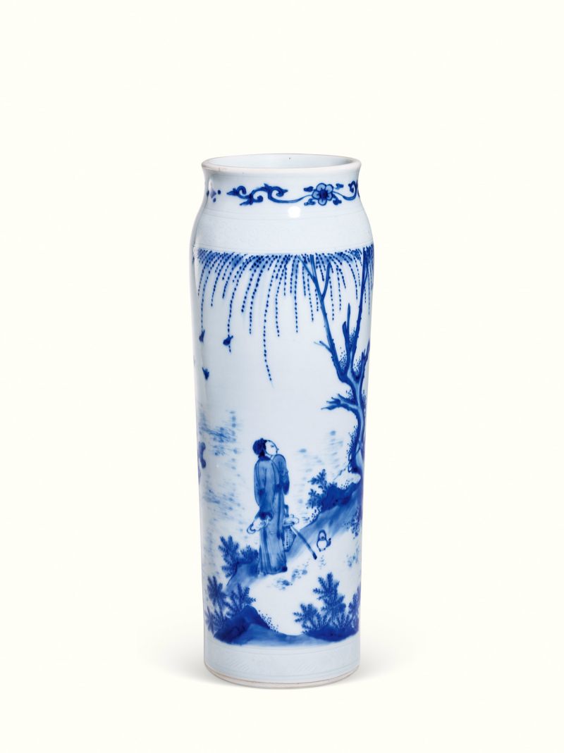 明崇祯 青花龙凤金钗传人物故事图筒瓶 - 图1