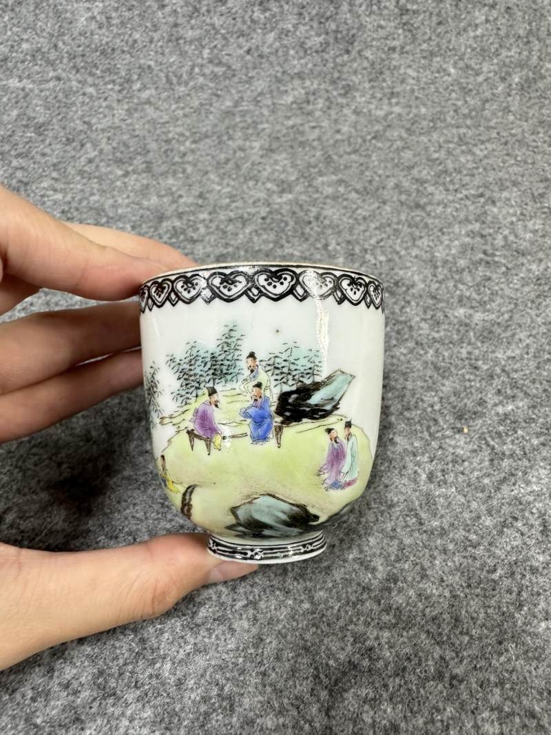    民国 薄胎粉彩竹林七贤杯 - 图3