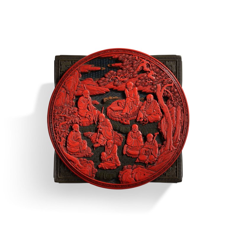 清乾隆 剔彩御題十六應真像琮式藏經盒一對  QIANLONG PERIOD (1736-1795) - 图2