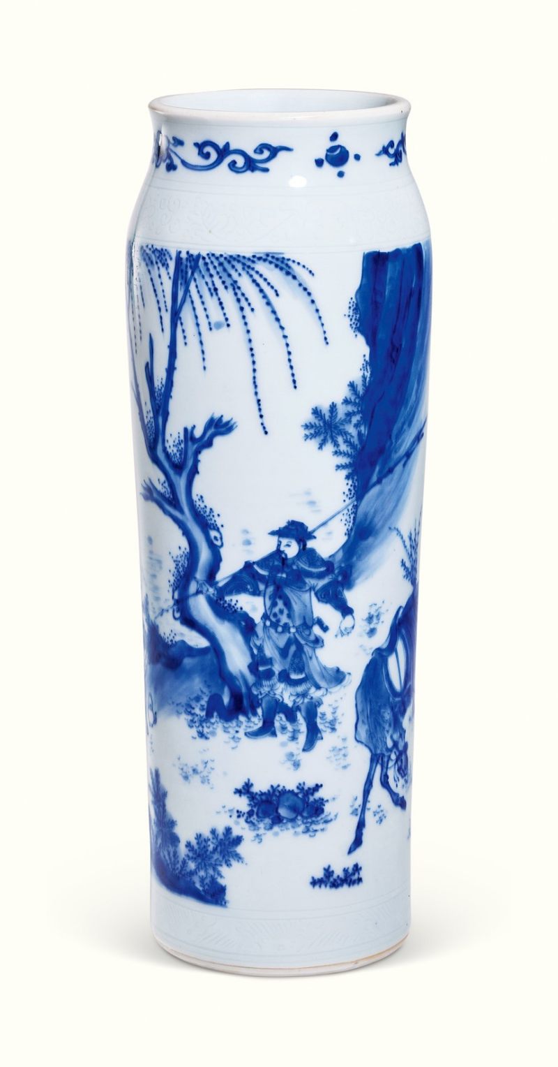 明崇祯 青花龙凤金钗传人物故事图筒瓶 - 图2