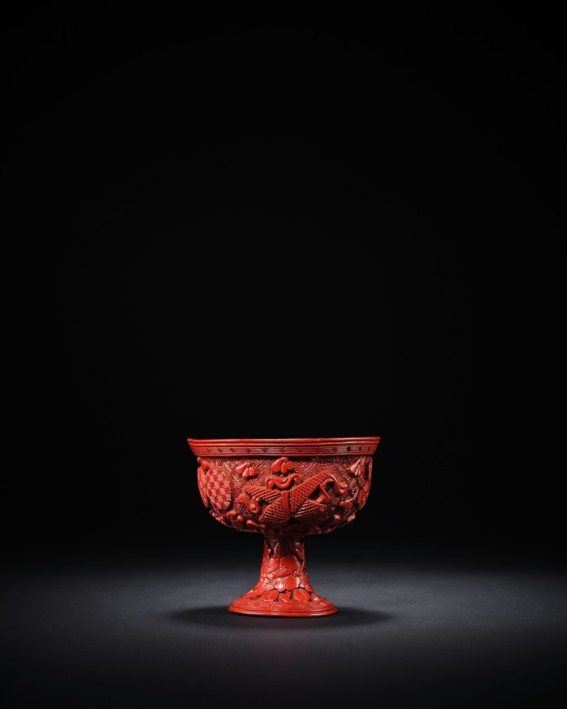 明晚期　剔紅花果八寳紋高足碗 | A CARVED CINNABAR LACQUER 'BABAO' STEM BOWL - 图1