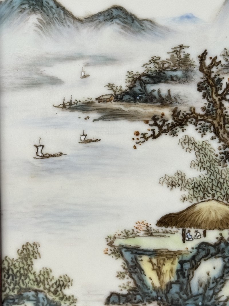 民国 邹国钧青绿山水人物瓷板屏风四件 - 图6