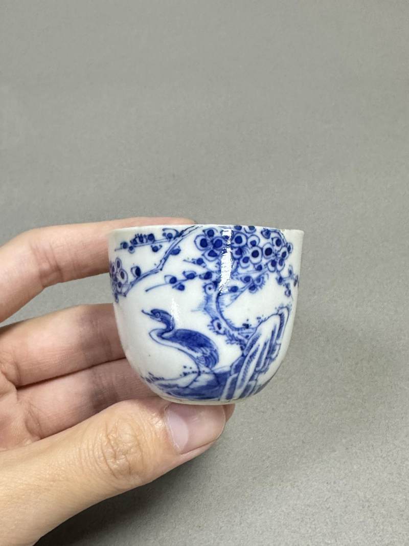    清中期 青花花鸟诗文卧足杯 - 图2