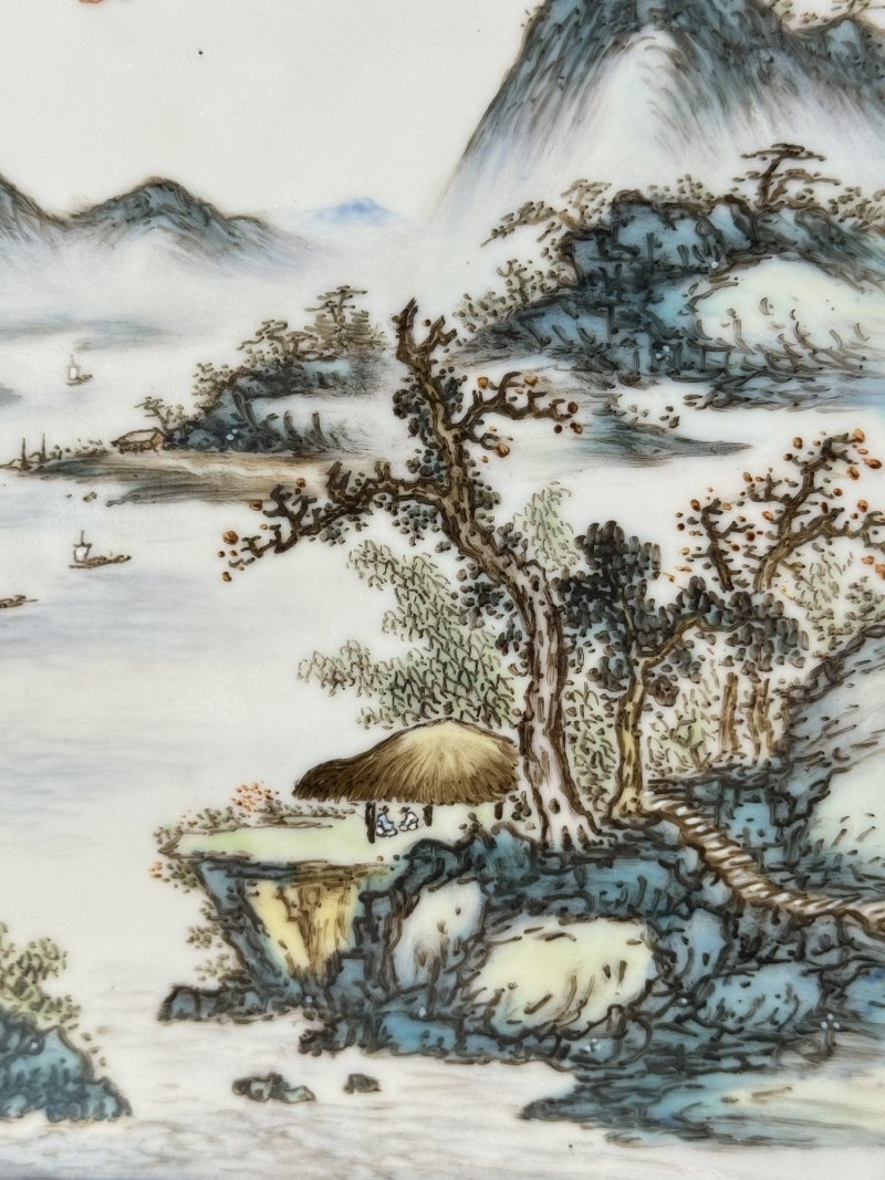民国 邹国钧青绿山水人物瓷板屏风四件 - 图7