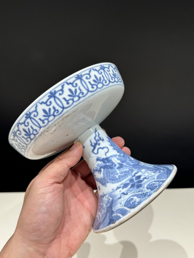 清康熙 青花鱼化龙纹高足盘 - 图3
