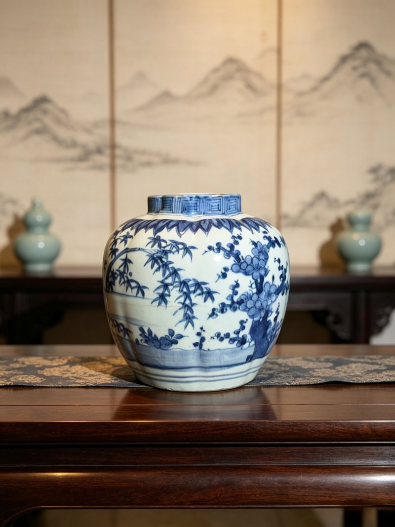 明万历 青花松竹梅瓜棱罐 - 图1