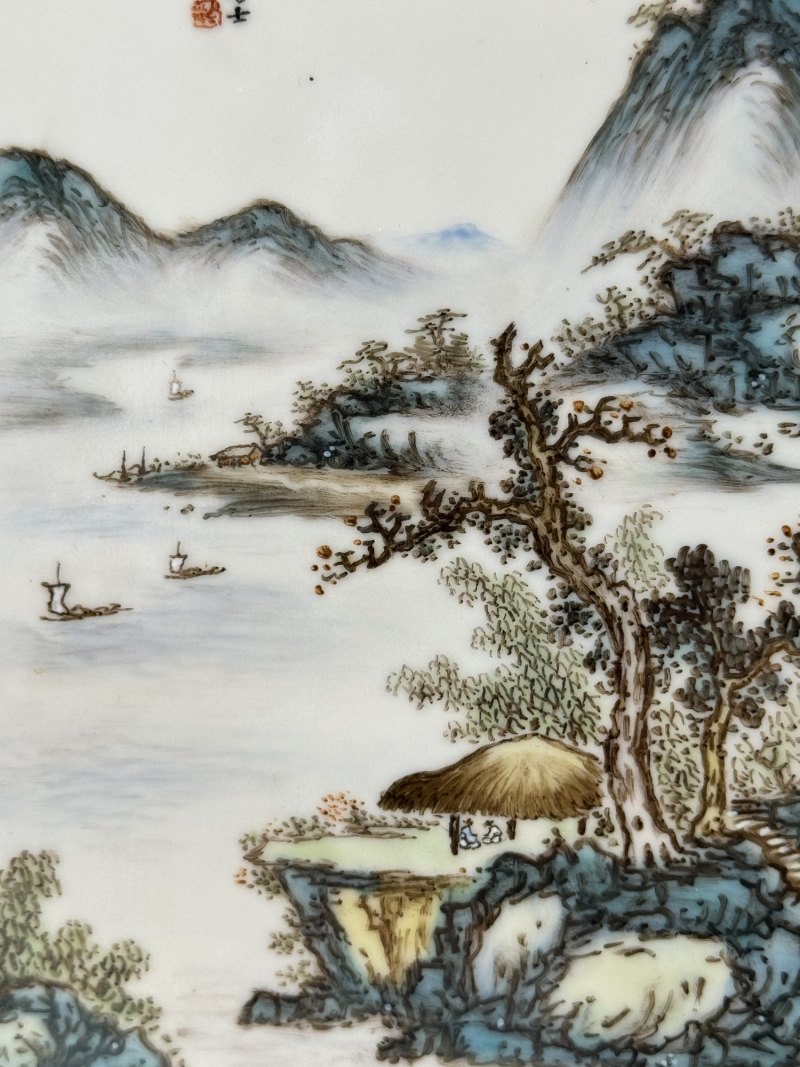 民国 邹国钧青绿山水人物瓷板屏风四件 - 图8