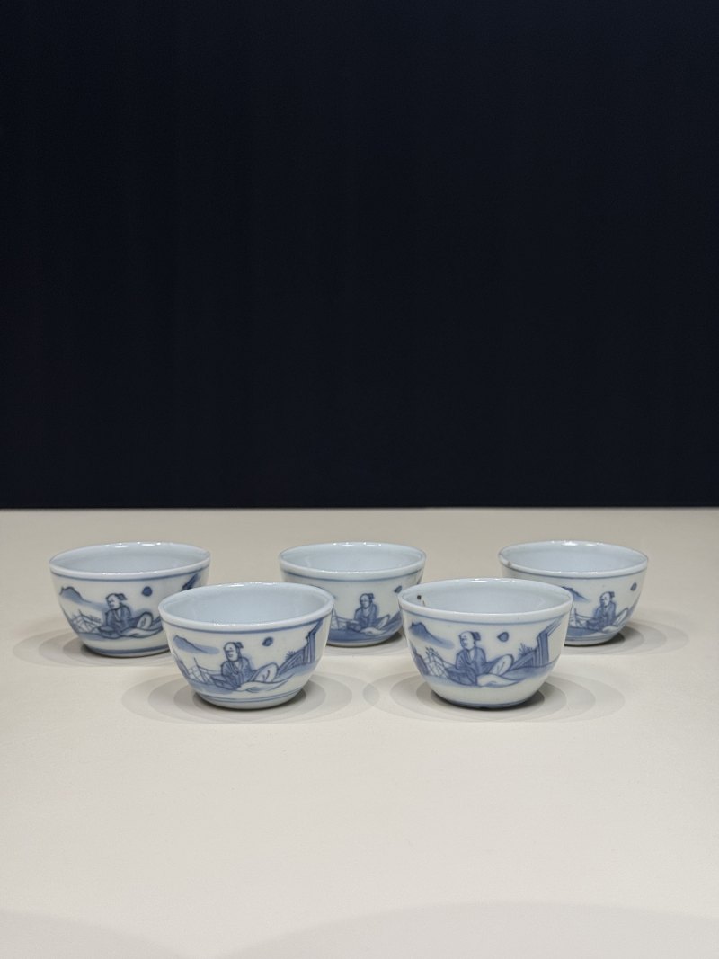 明天启—崇祯 青花高士图小杯一套五只（附四层原供箱） - 图10