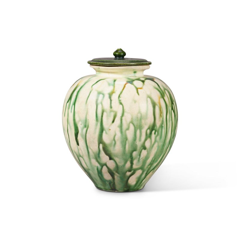 唐 三彩灑綠彩及琥珀斑罐及蓋  TANG DYNASTY (618-907) - 图1