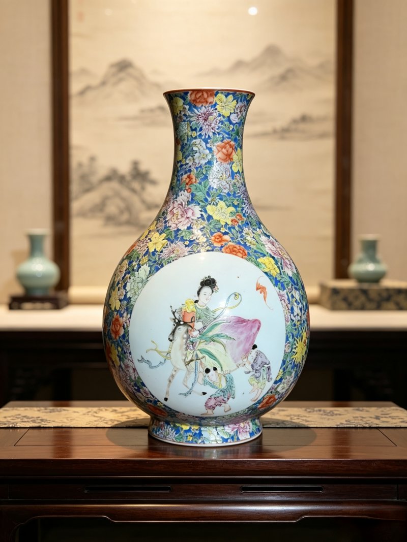 民国 粉彩百花不落地开窗麻姑献寿瓶