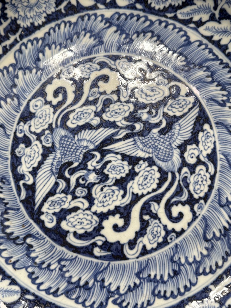 元 青花留白双凤纹花卉菱口盘 - 图5