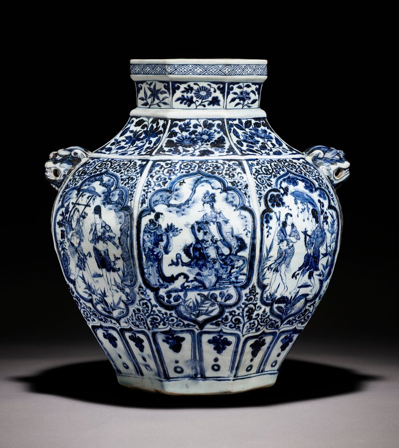 元 青花開光「西王母蟠桃會」故事圖八方大罐  YUAN DYNASTY (1279-1368) - 图7