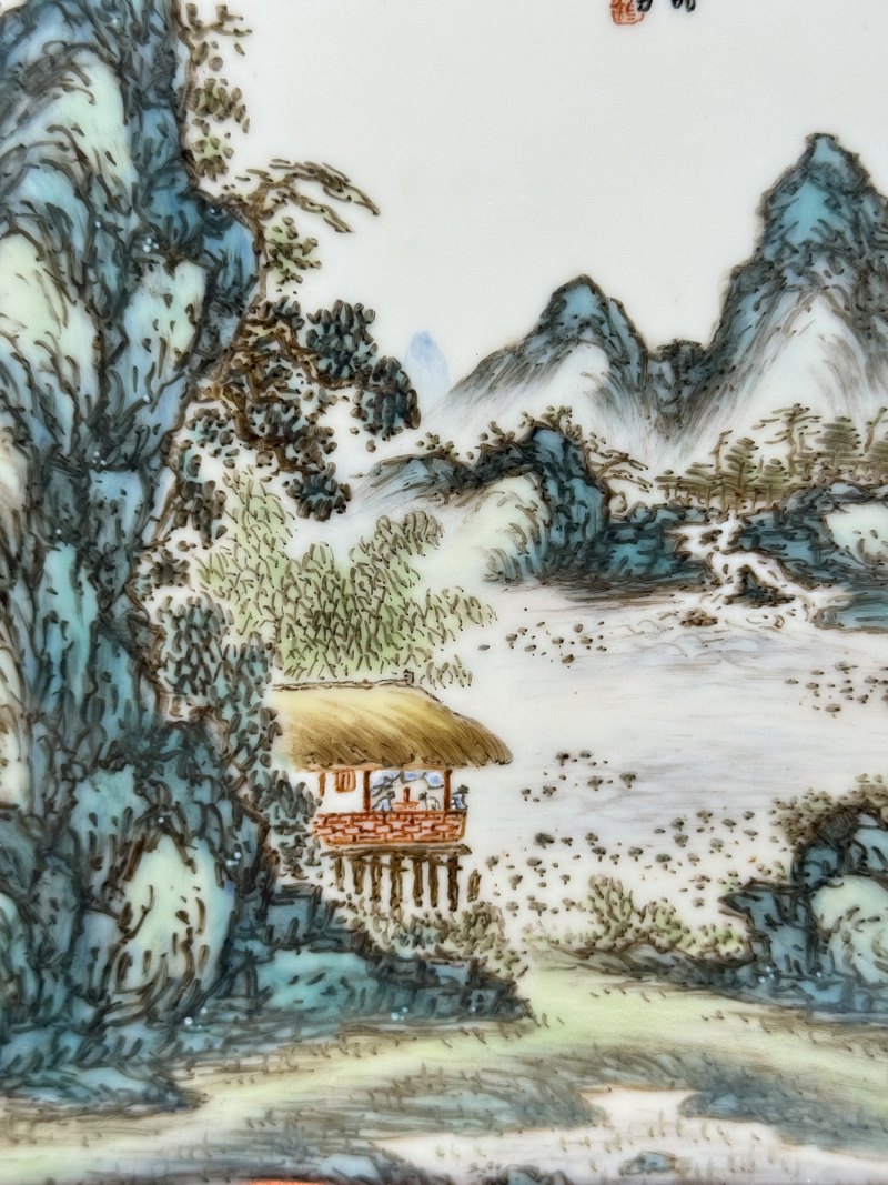 民国 邹国钧青绿山水人物瓷板屏风四件 - 图11