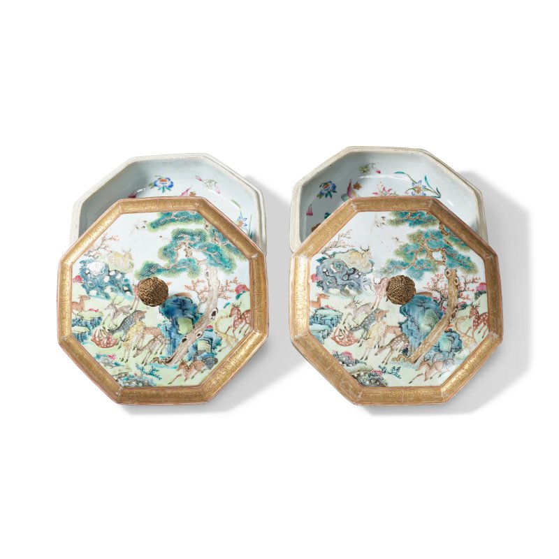 清乾隆 粉彩百鹿八方蓋盒一對  QIANLONG PERIOD (1736-1795) - 图3