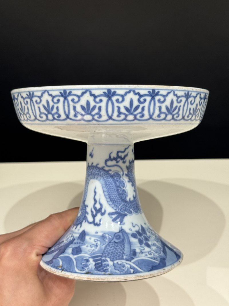 清康熙 青花鱼化龙纹高足盘 - 图7