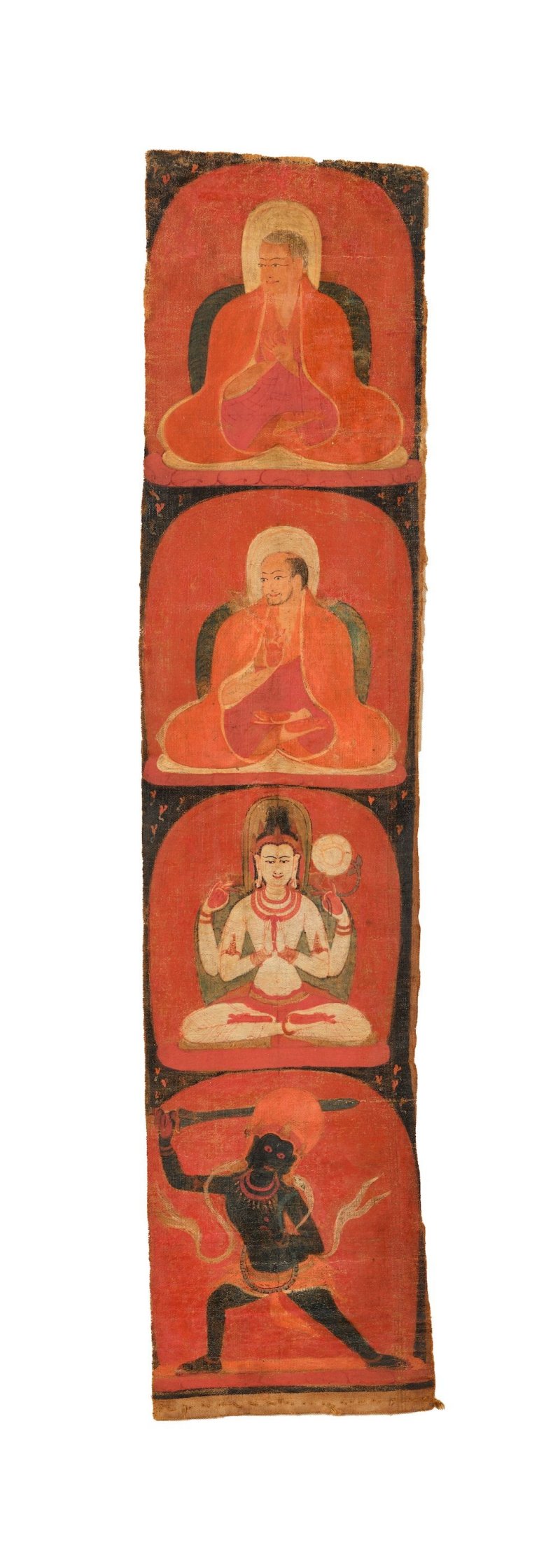 藏中 十一/十二世紀 上師傳承、四臂觀音及不動明王唐卡 | A THANGKA OF LINEAGE LAMAS, SHADAKSHARI LOKESHVARA, AND ACHALA - 图2