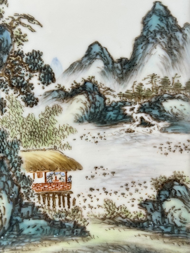 民国 邹国钧青绿山水人物瓷板屏风四件 - 图12