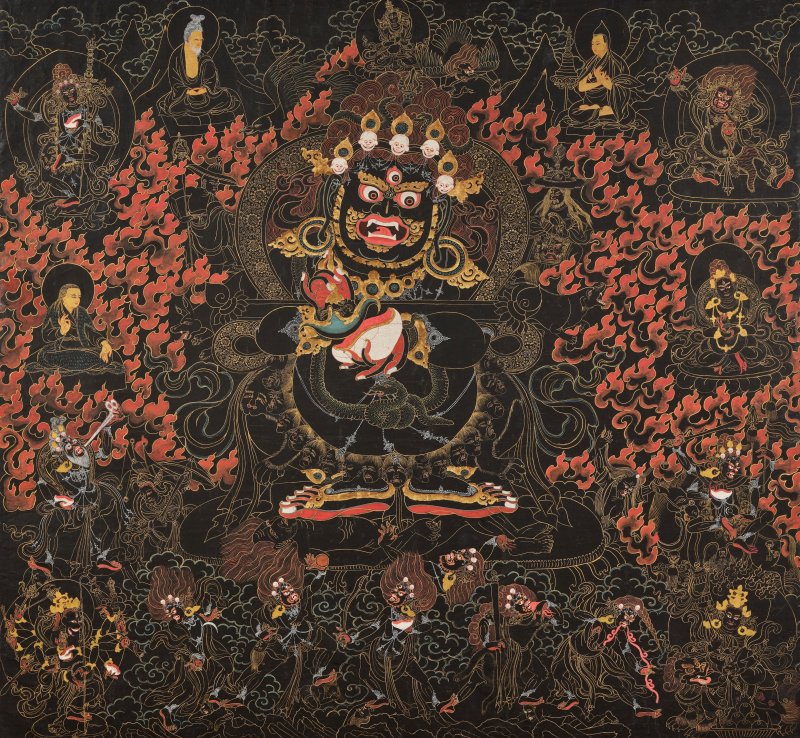 西藏 十八/十九世紀 寶帳大黑天黑唐卡 | A LARGE BLACKGROUND THANGKA OF PANJARNATA MAHAKALA - 图3