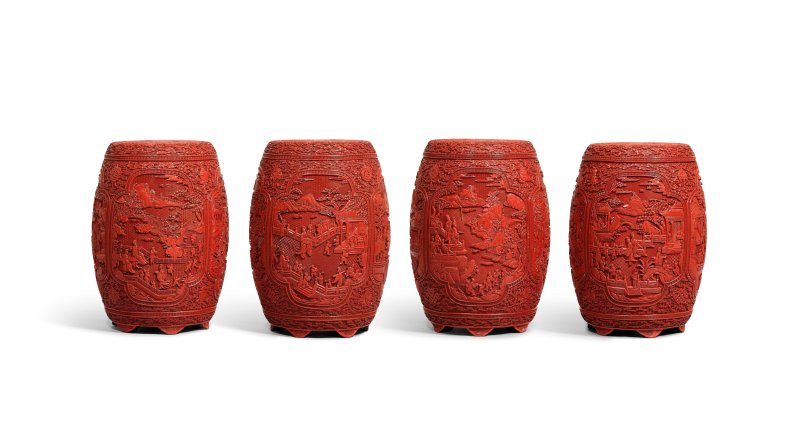 十八世紀　剔紅雲龍紋開光嬰戲圖坐墩一堂四具 | AN EXCEPTIONALLY RARE SET OF FOUR IMPERIAL CARVED CINNABAR LACQUER 'CHILDREN AT PLAY' GARDEN SEATS - 图4