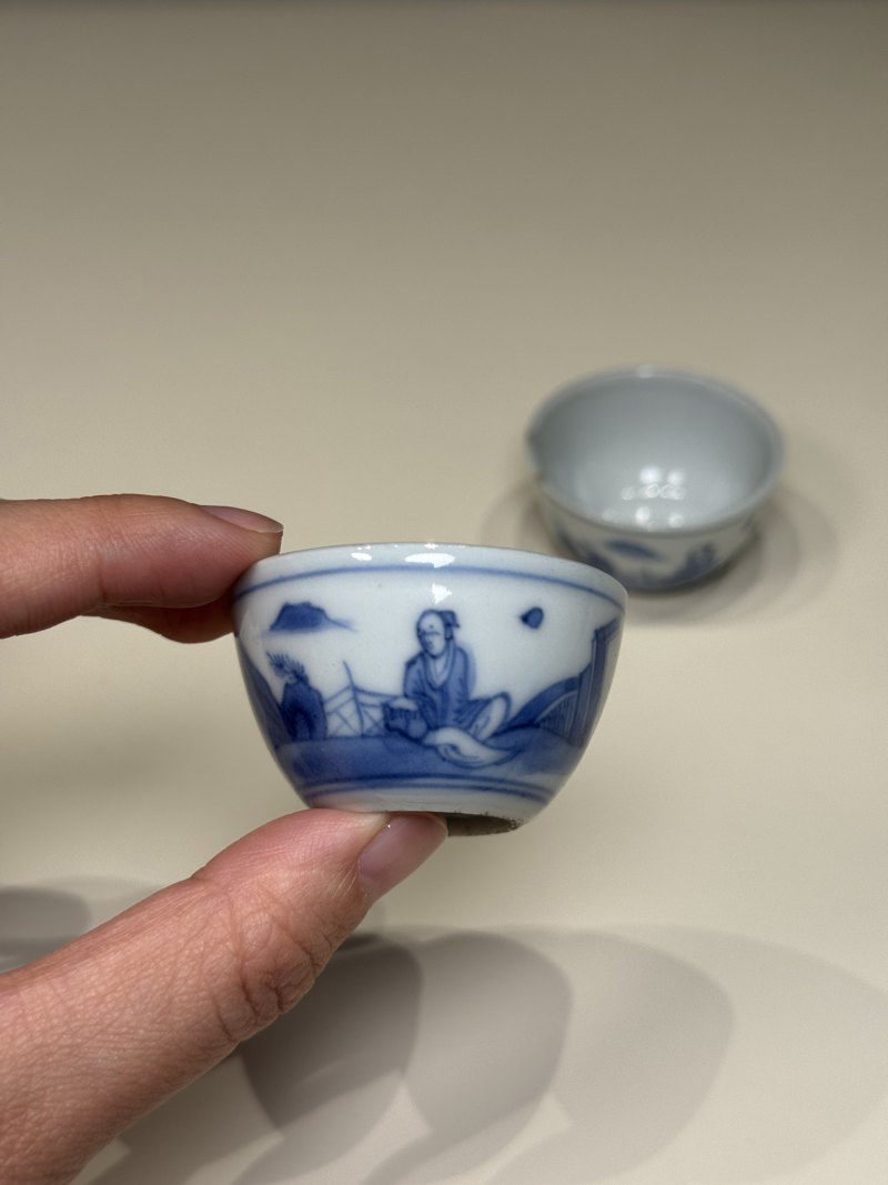 明天启—崇祯 青花高士图小杯一套五只（附四层原供箱） - 图14