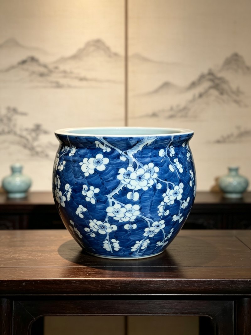 清晚期 青花留白冰梅纹卷缸 - 图1