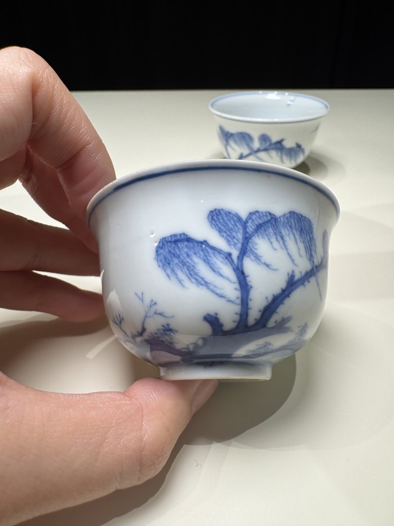 清康熙 青花“两只黄鹂鸣翠柳，一行白鹭上青天”图茶圆一对 - 图7