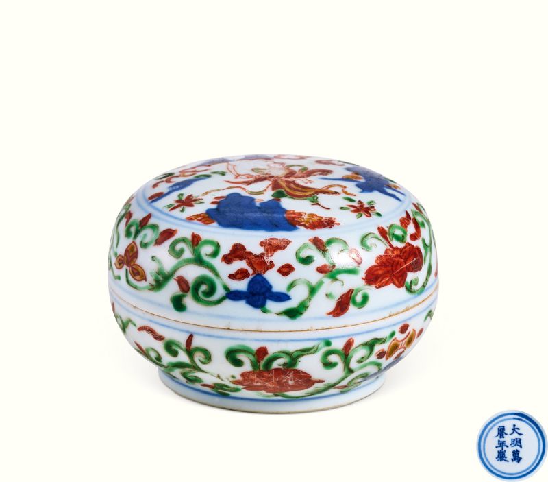 明万历 青花五彩张天师驱邪图小印盒 - 图1