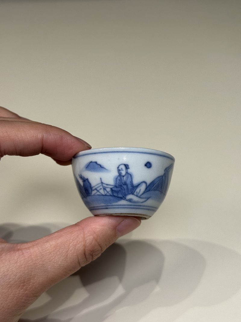 明天启—崇祯 青花高士图小杯一套五只（附四层原供箱） - 图17