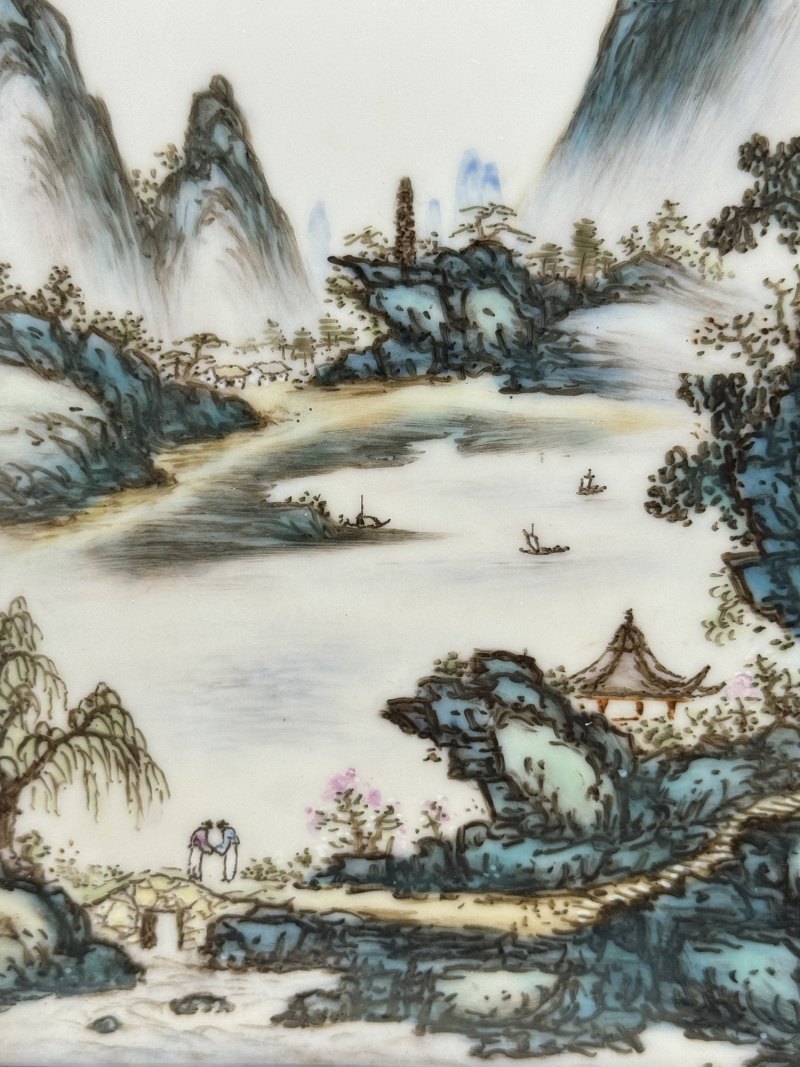民国 邹国钧青绿山水人物瓷板屏风四件 - 图16
