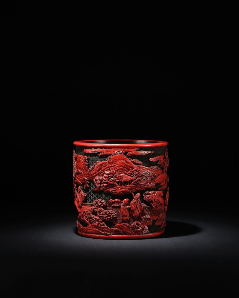 清乾隆　黑地剔紅雅集圖筆筒 | A RARE CARVED CINNABAR LACQUER 'SCHOLARS' BRUSHPOT, BITONG - 图2