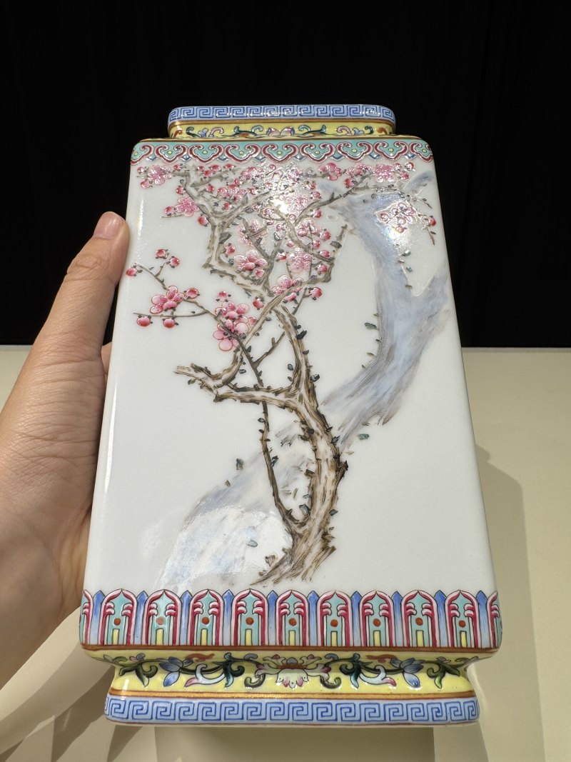 民国 田鹤仙作粉彩梅花诗文四方瓶 - 图6
