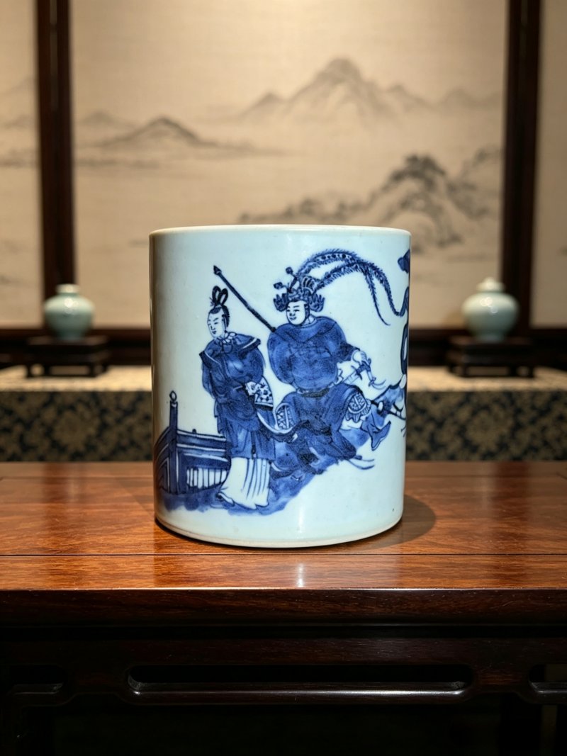 清康熙 青花“凤仪亭”笔筒 - 图1