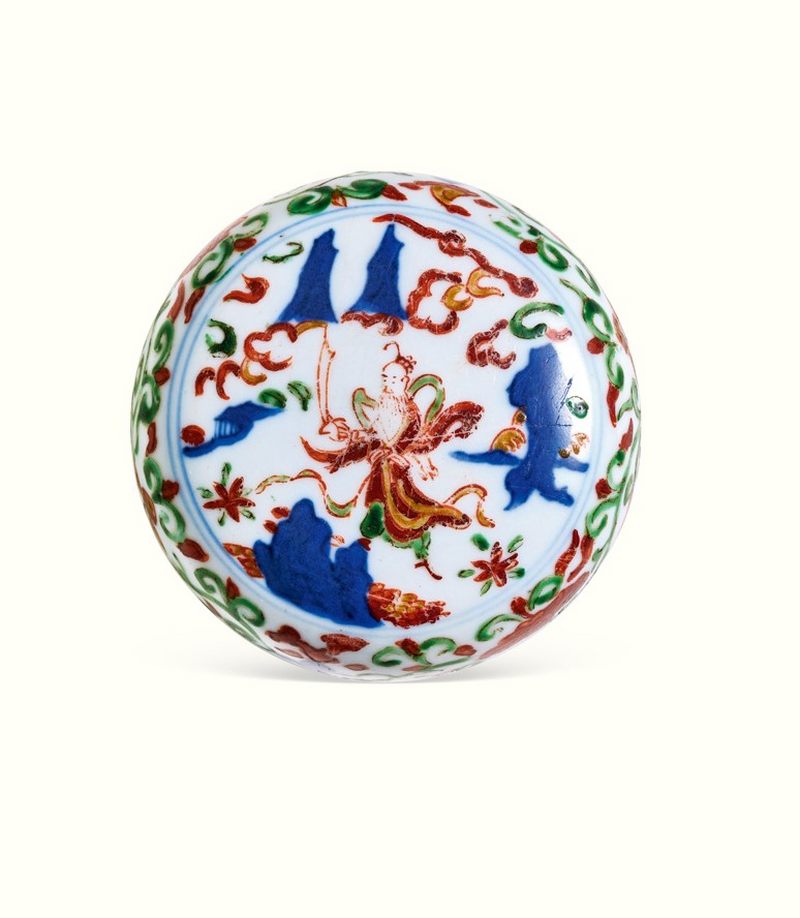 明万历 青花五彩张天师驱邪图小印盒 - 图2