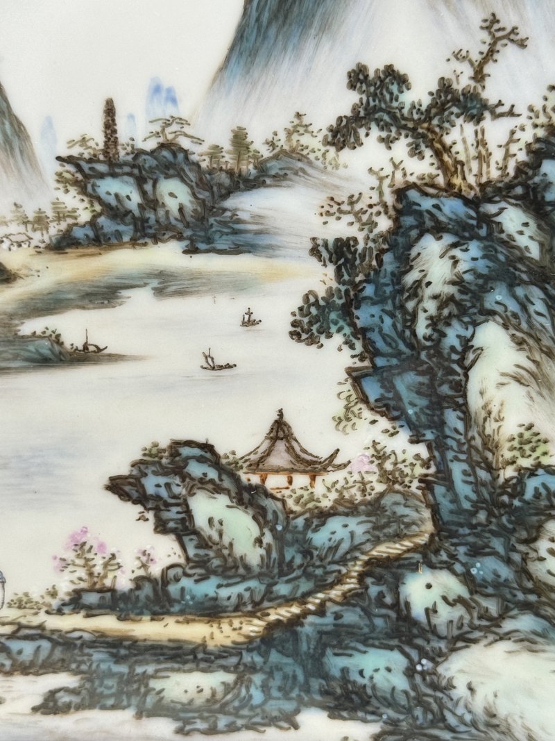 民国 邹国钧青绿山水人物瓷板屏风四件 - 图17