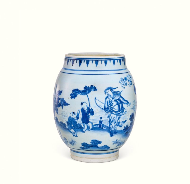 明崇祯 青花张仙送子图莲子罐 - 图1