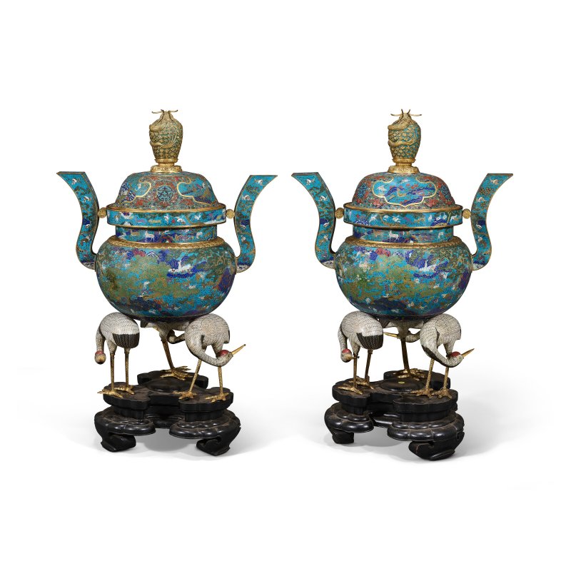 清乾隆/嘉慶 鏨胎掐絲琺瑯鶴鹿同春五福拱壽鶴足大香爐一對  QIANLONG-JIAQING PERIOD (1736-1820) - 图2