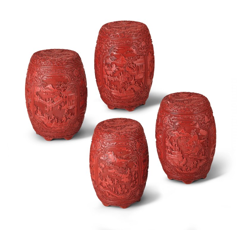 十八世紀　剔紅雲龍紋開光嬰戲圖坐墩一堂四具 | AN EXCEPTIONALLY RARE SET OF FOUR IMPERIAL CARVED CINNABAR LACQUER 'CHILDREN AT PLAY' GARDEN SEATS - 图7