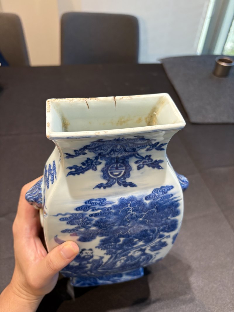 清雍正 青花八仙人物故事圖獸耳銜環壁瓶 - 图16